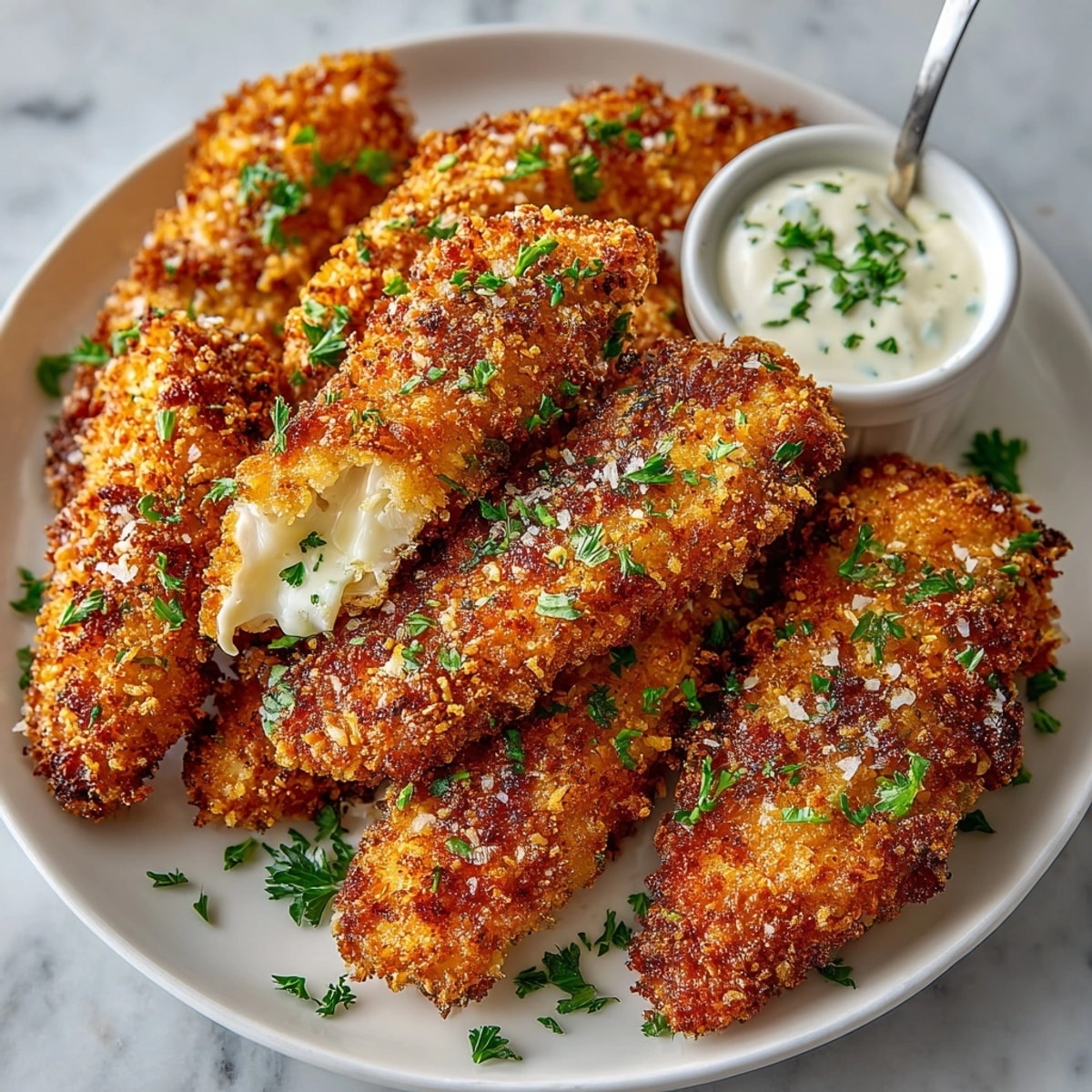 Crispy, golden Buttermilk Fried Chicken Tenders—freshly fried and ready to dip with honey mustard.