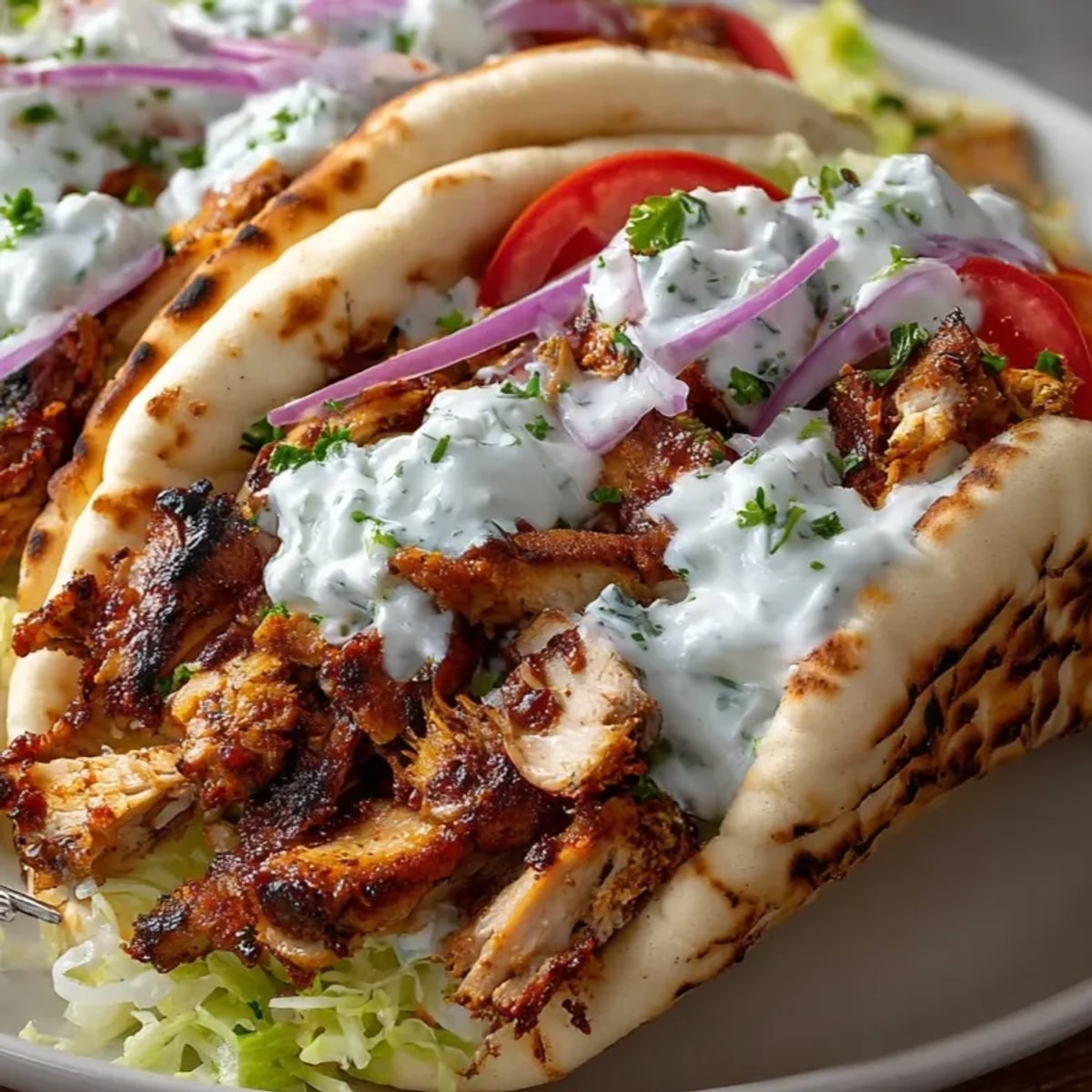 Juicy Mediterranean Chicken Gyros, warm pita bread overflowing with fresh vegetables and tangy tzatziki.
