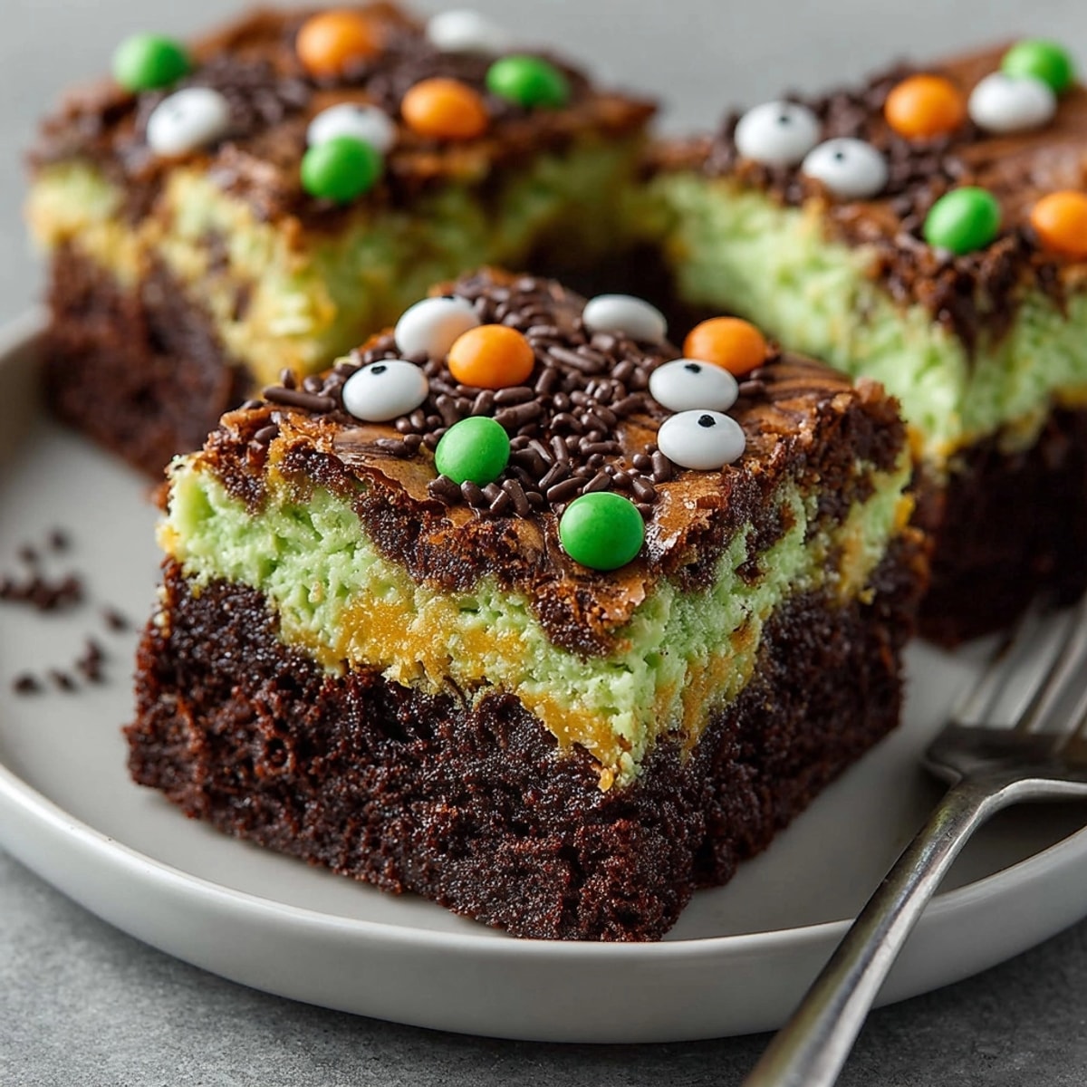 Top-down view of freshly baked Witches’ Brew Swirl Brownies, decorated for a spooky holiday.