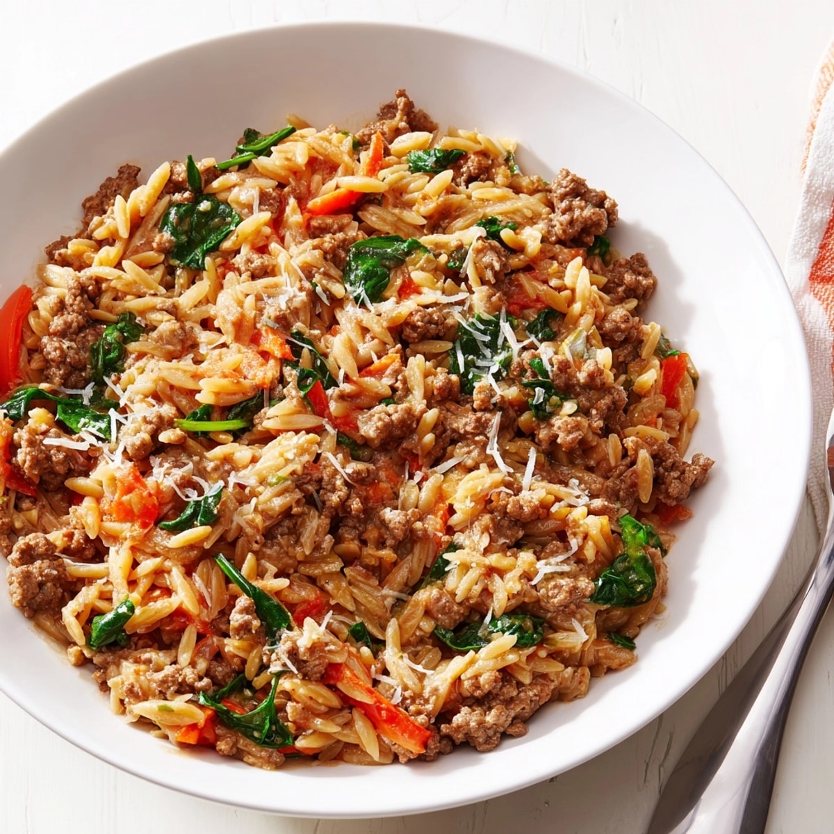 Golden One-Pot Creamy Beef Orzo bubbling in a skillet, ready to serve.