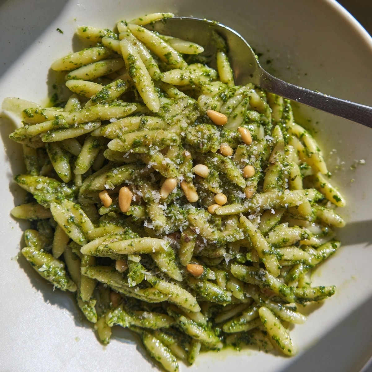 Creamy Spinach Pesto Orzo piled high, inviting and green, ready to be served.