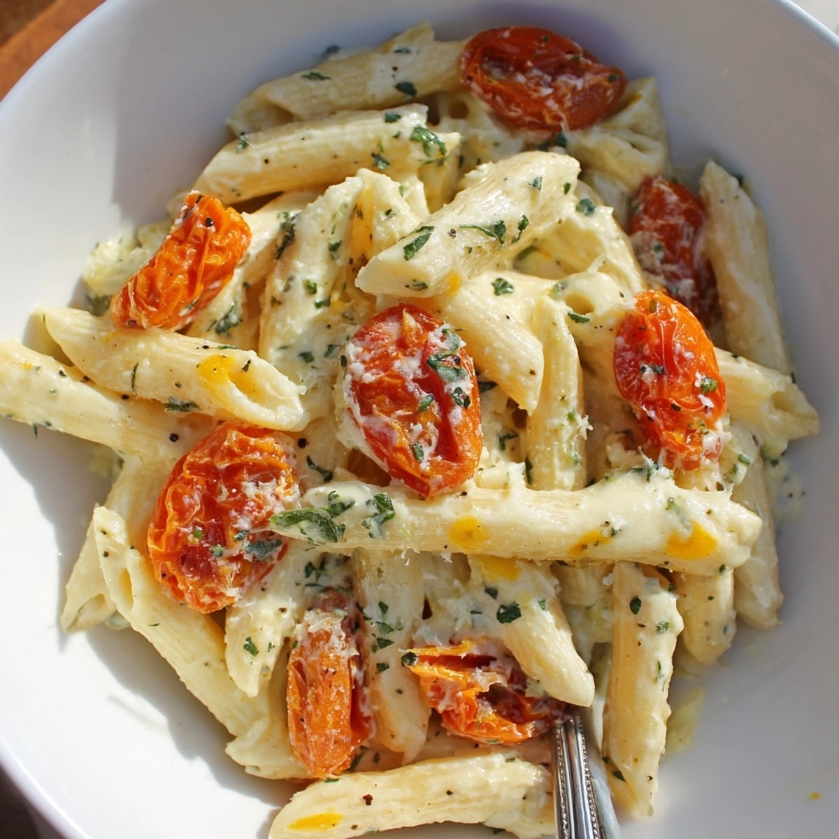 Golden, blistered roasted tomatoes tossed with creamy Boursin Cheese Pasta; a comforting bite.
