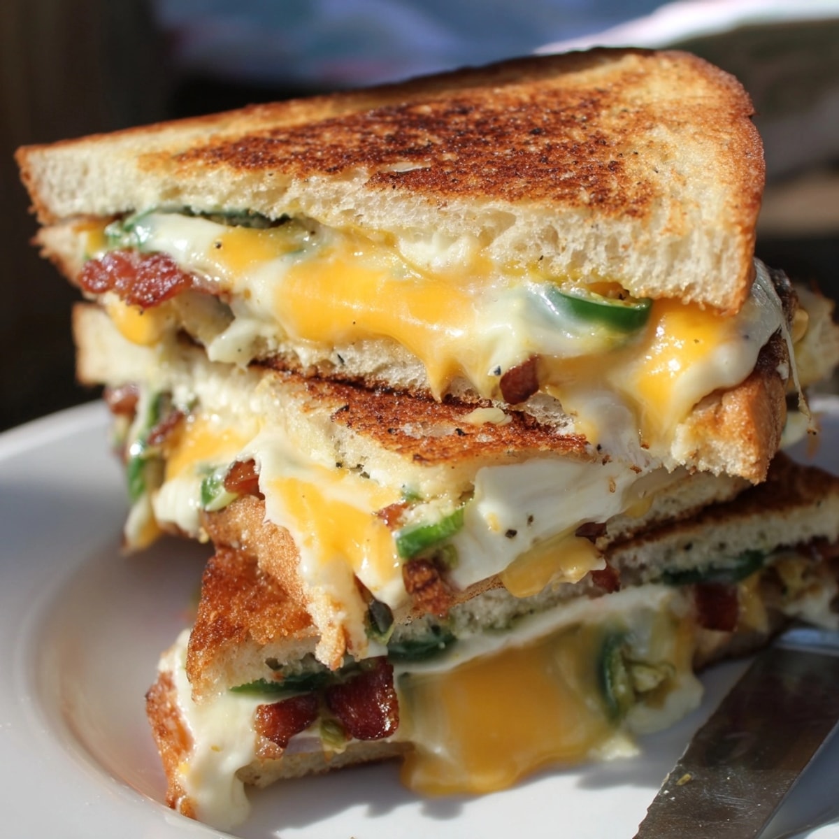 Golden Jalapeño Popper Grilled Cheese sandwich with bubbly, melted cheese, ready to devour.