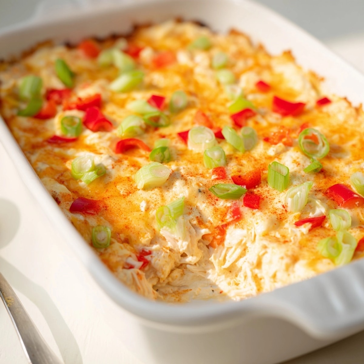 Rich and spicy Cheesy Cajun Crab Dip bubbling hot from the oven.