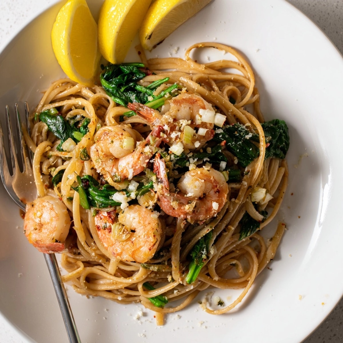 A colorful plate of Shrimp Spinach Herb Pasta, sprinkled with parmesan and herbs.