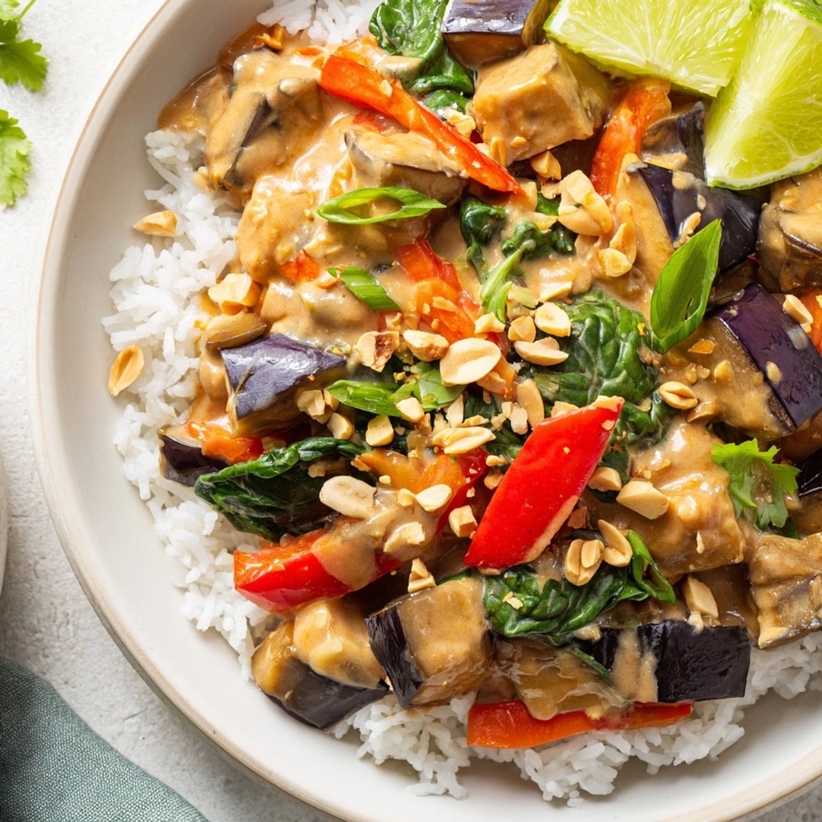Scoops of steamy, aromatic Thai Peanut Eggplant Rice Bake with fresh cilantro.