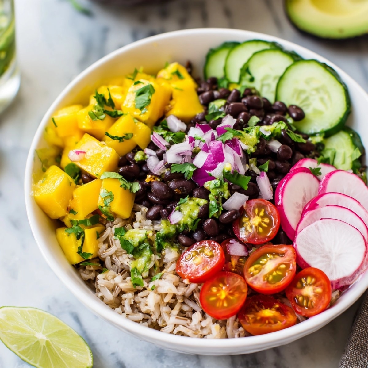 Close-up shot of fresh Mango Salsa Black Bean Bowls showing layers of nutritious goodness.