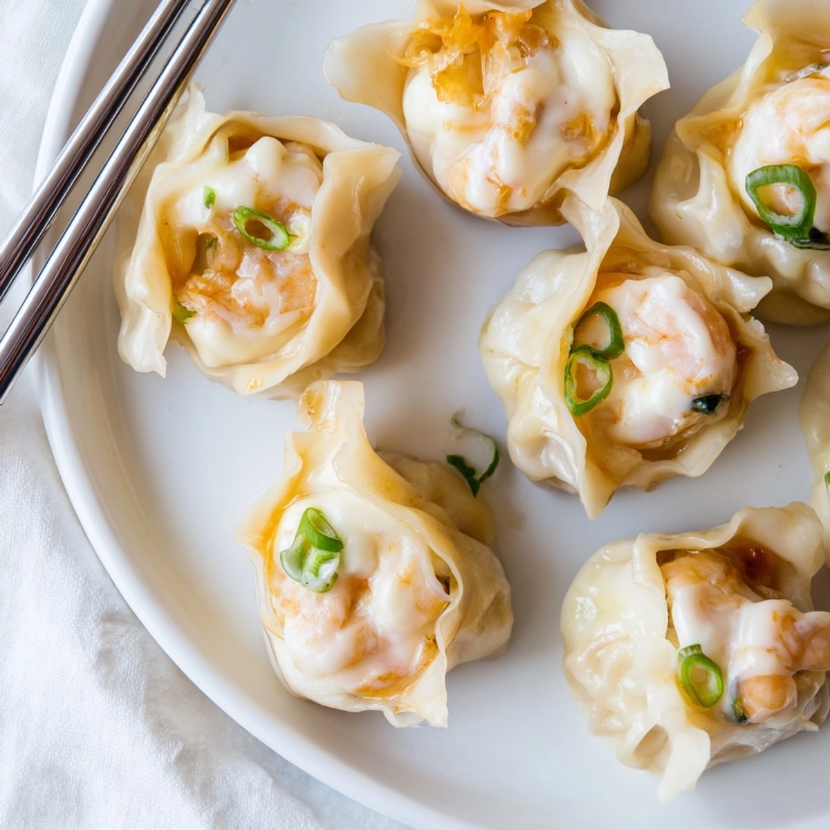 Close-up of freshly steamed, savory Cheesy Shrimp Scallion Dumplings ready for a dipping sauce.