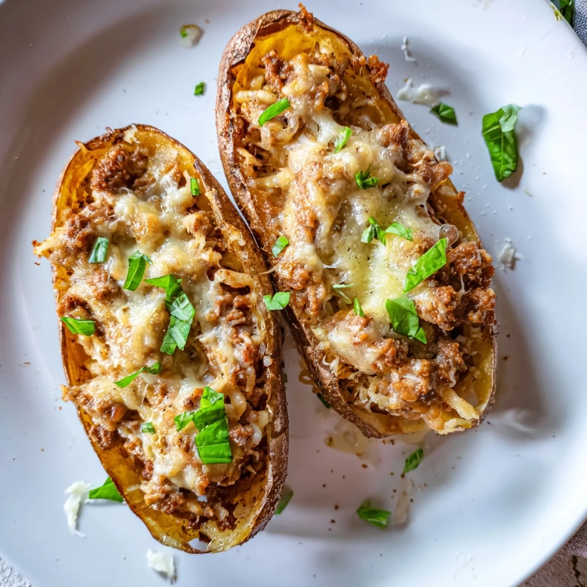 Crispy potato skins filled with hearty lasagne soup and melted cheese delight.  