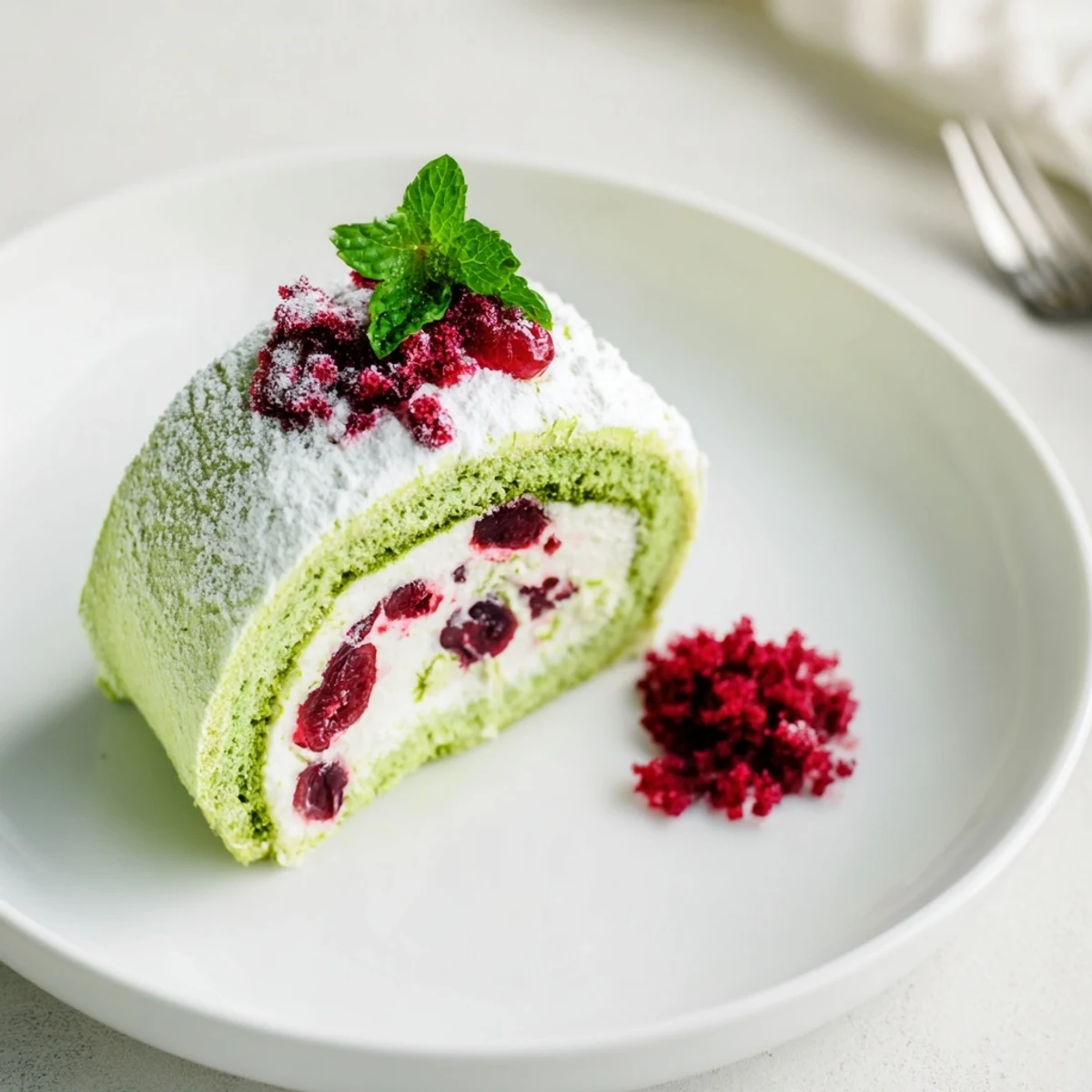 Delicious Matcha Swiss Roll with creamy cranberry layers, perfect for afternoon tea.