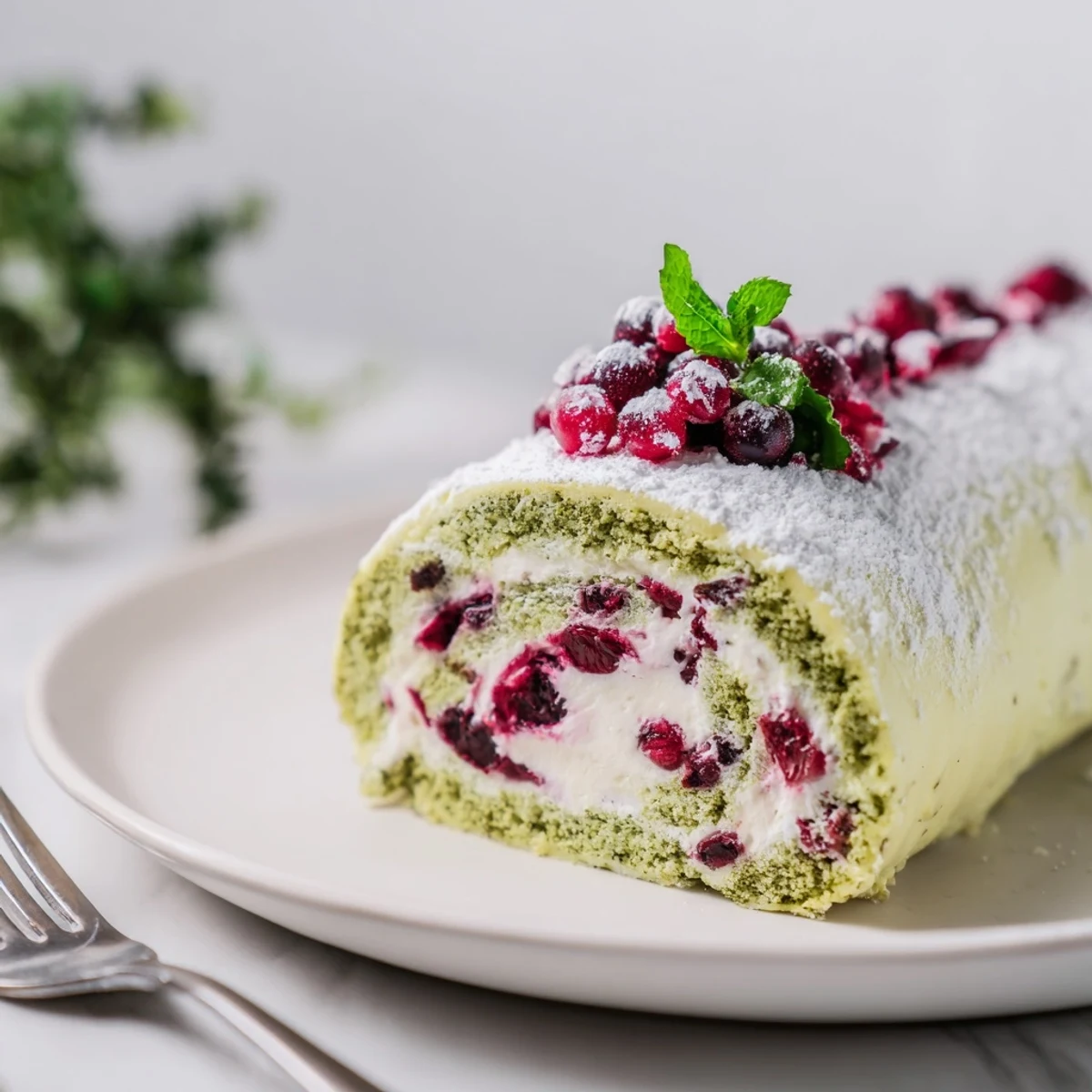 Fluffy matcha sponge rolled with tart cranberry cream, a delightful dessert treat.