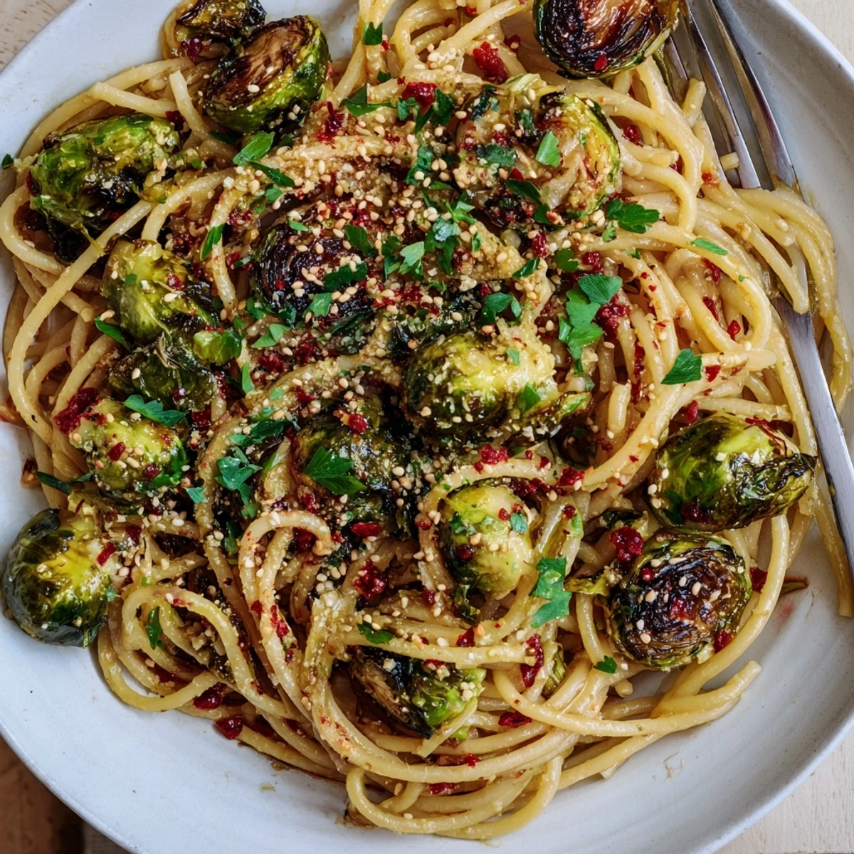 Roasted Brussels sprouts pasta drizzled with sweet maple-soy glaze and garnished.  