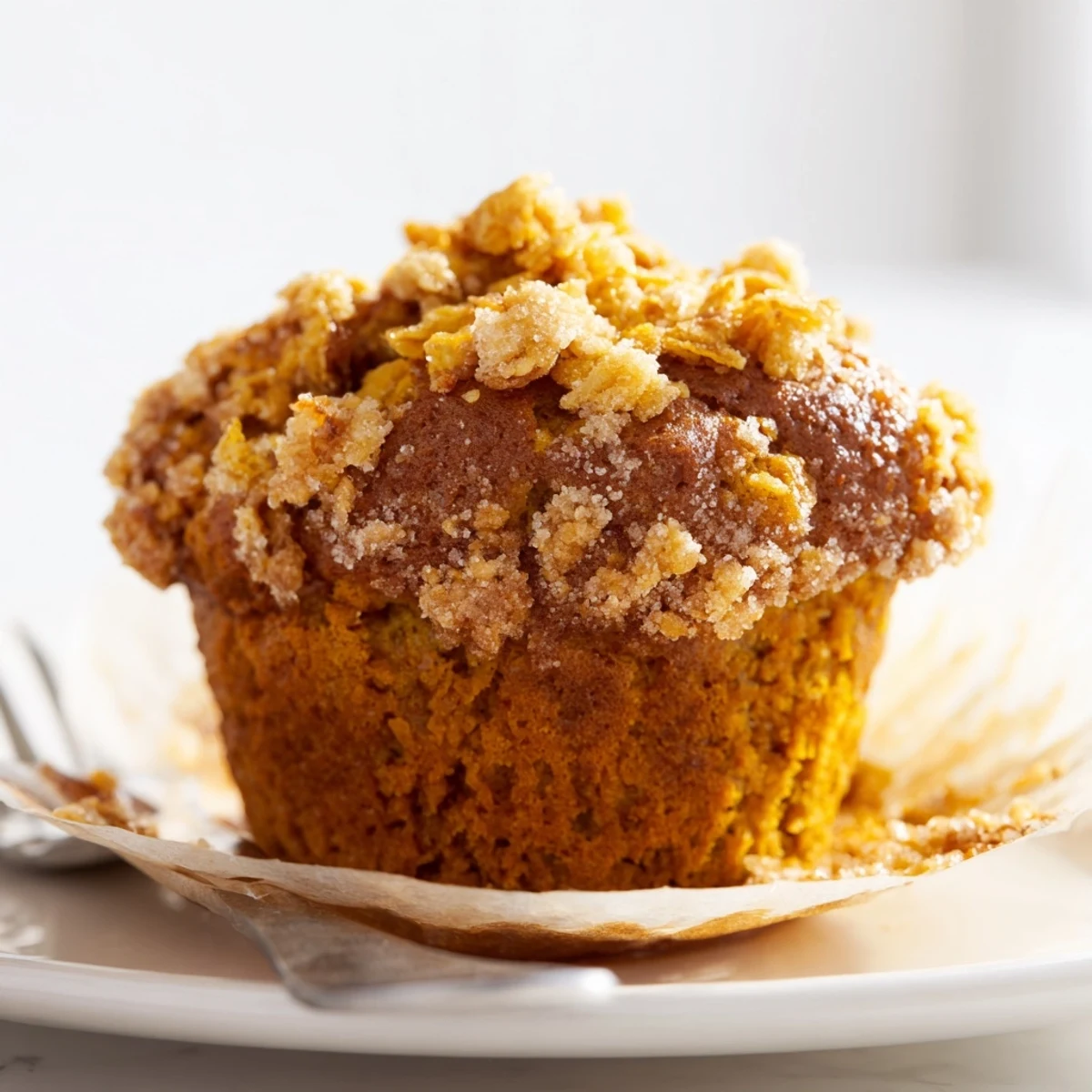 Tender Buttery Pumpkin Cornflake Muffins with a crunchy topping for autumn delights.