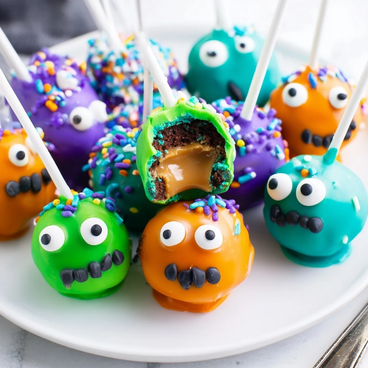 Fun Salted Caramel Monster Cake Pops decorated with vibrant colors and candy eyes.  