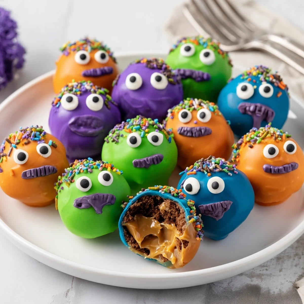 Cute and colorful salted caramel monster cake pops ready for festive celebrations and gatherings.