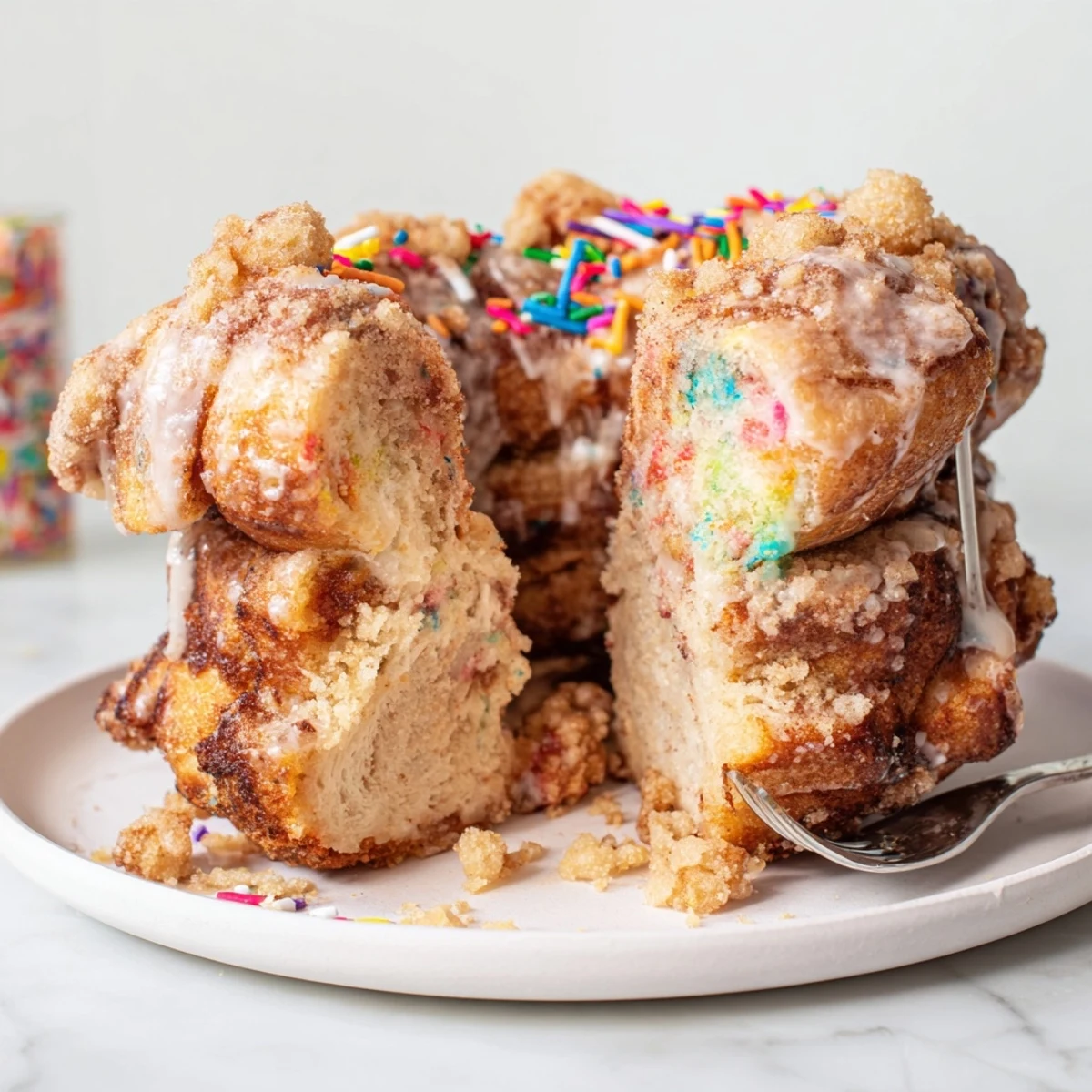 Soft, pull-apart Funfetti Coffee Cake Monkey Bread adorned with colorful sprinkles.  
