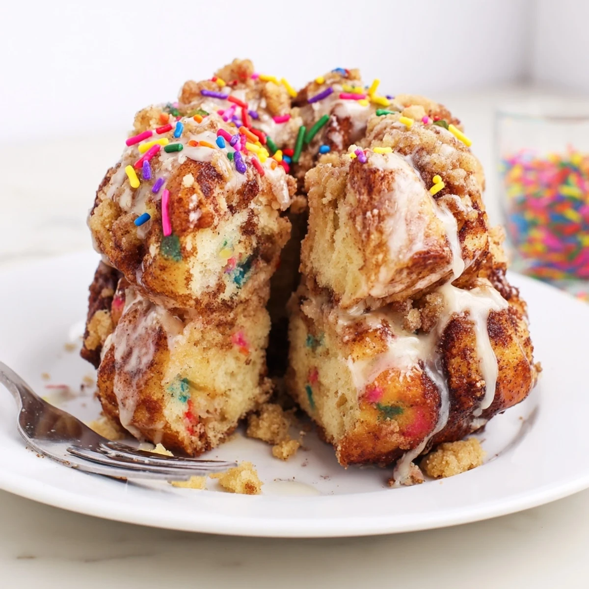 Delicious Funfetti Coffee Cake Monkey Bread drizzled with sweet vanilla glaze.  