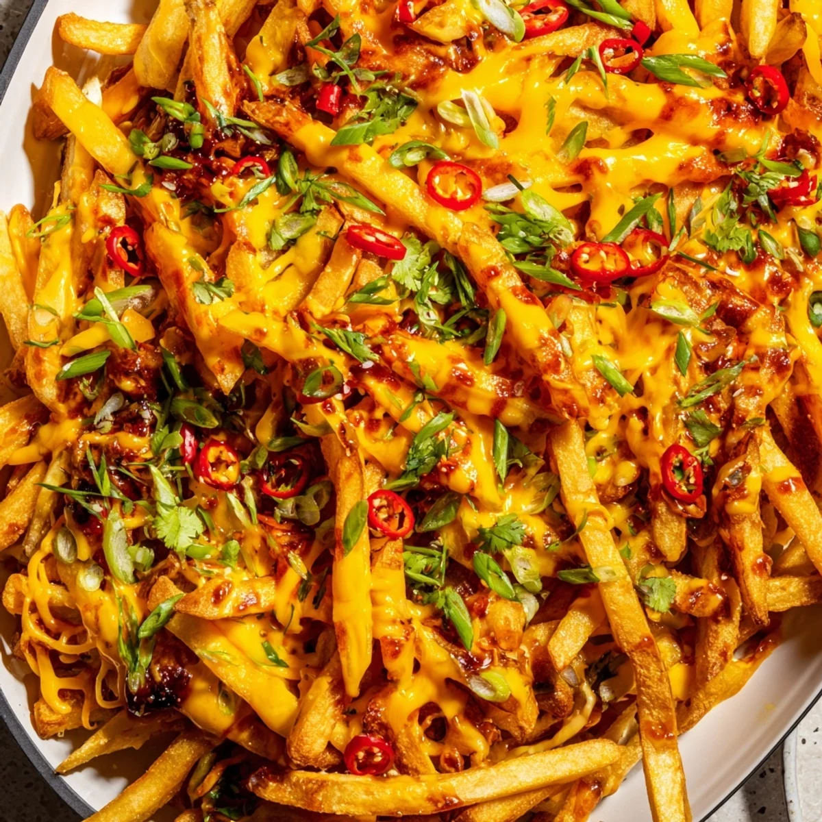 Golden honey Sriracha casserole fries topped with melted cheese and scallions.  