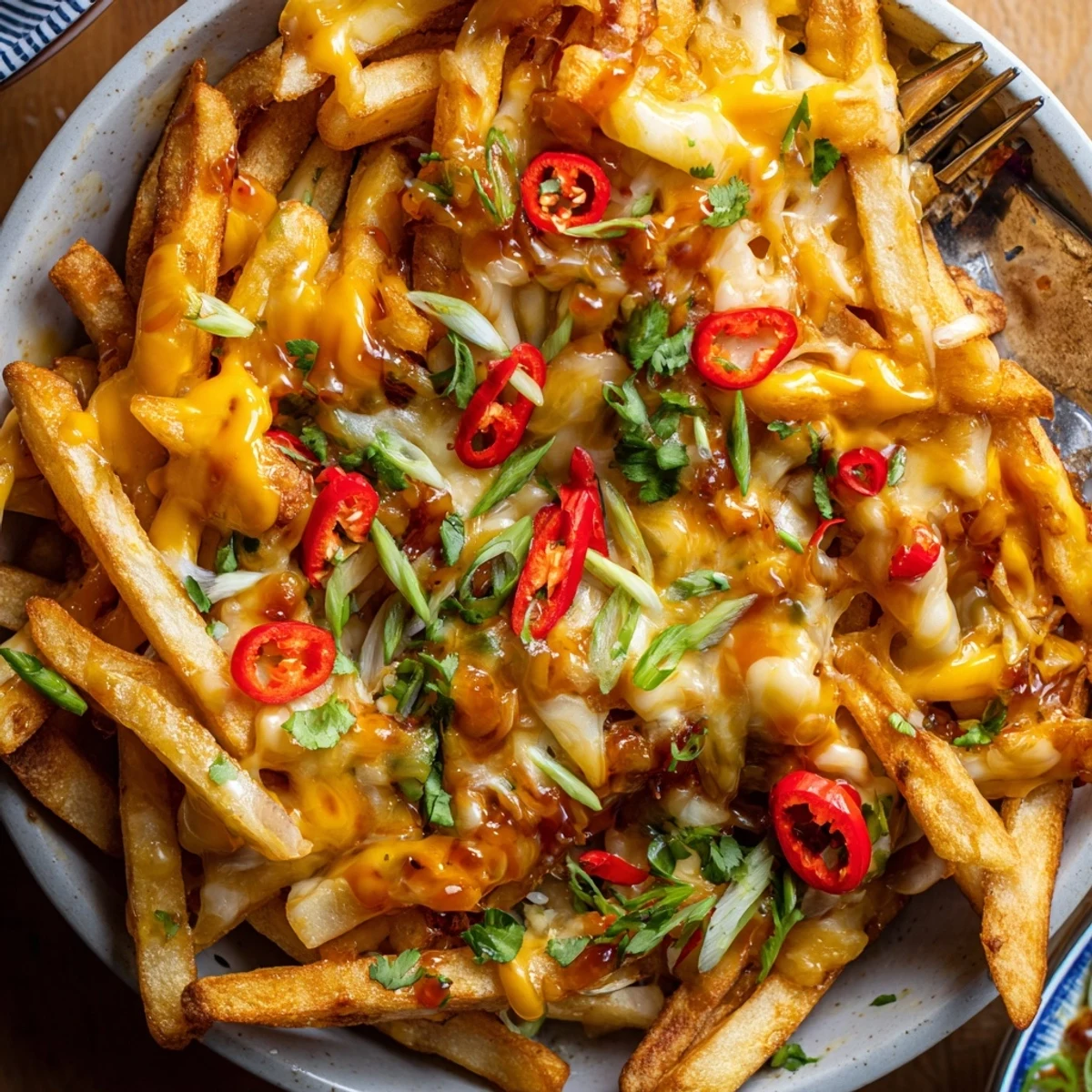Decadent honey Sriracha casserole fries, bubbling cheese, and fresh scallions await serving.