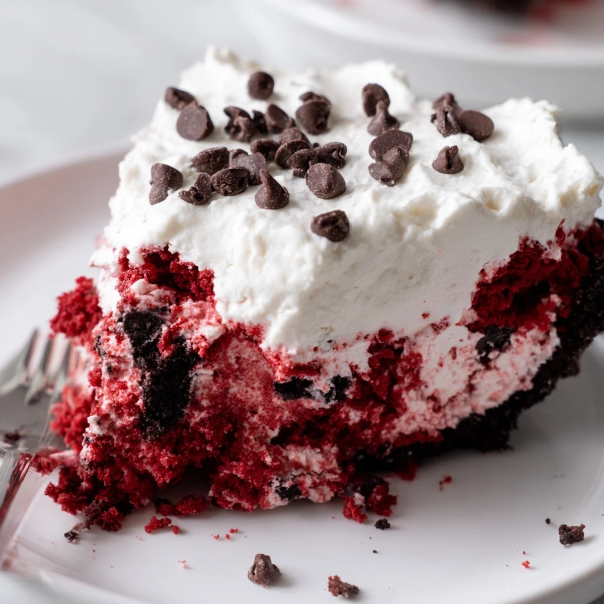 Decadent red velvet cookie dough pie topped with creamy whipped topping and chocolate.  