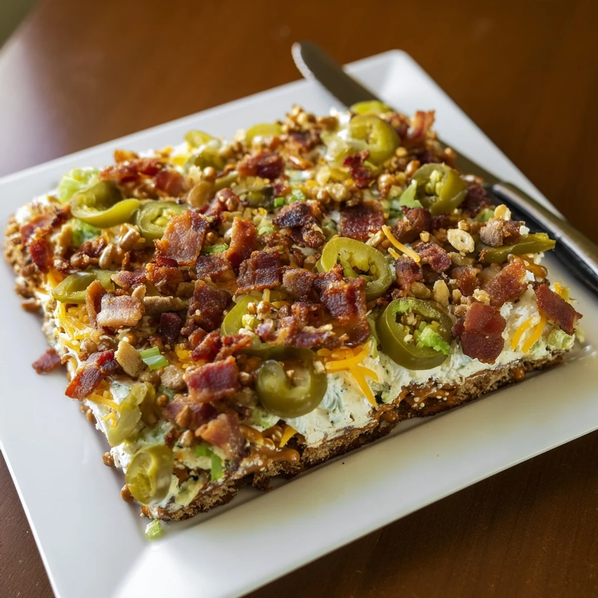 Loaded Jalapeño Pretzel Sheet Cake topped with creamy cheese and crispy bacon.