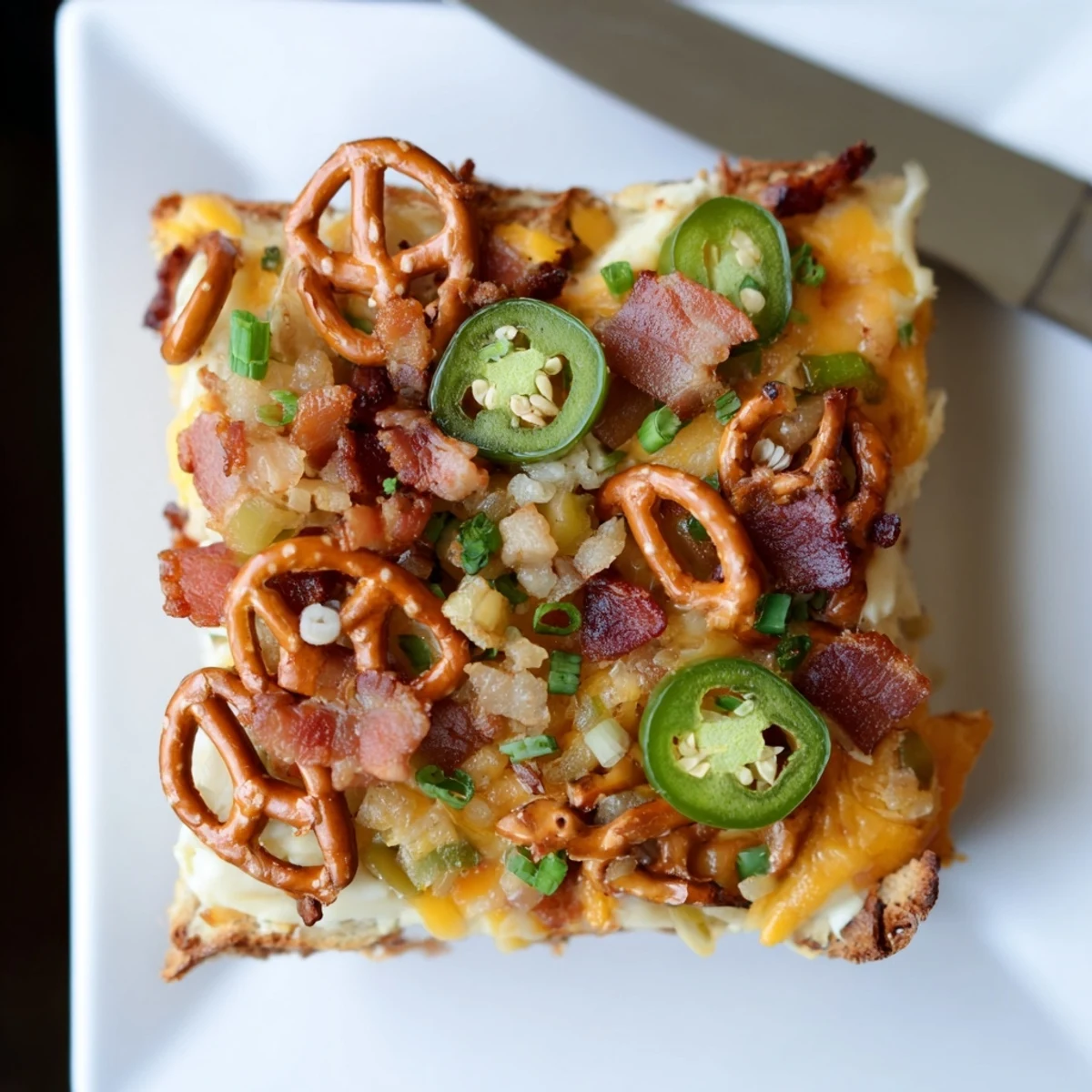 Savor the spicy Loaded Jalapeño Pretzel Sheet Cake with crunchy pretzel bits.