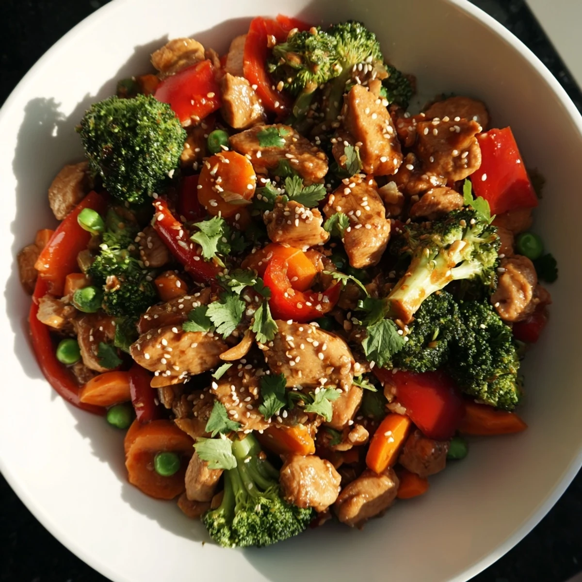 Delicious No-Fuss 20-Minute Stir-Fry drizzled with savory homemade sauce and garnished.  