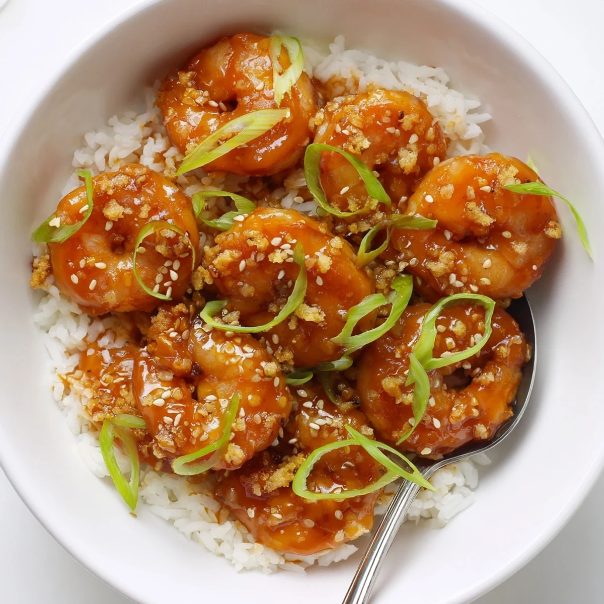 Delicious shrimp covered in honey garlic sauce, served warm over soft rice for dinner.