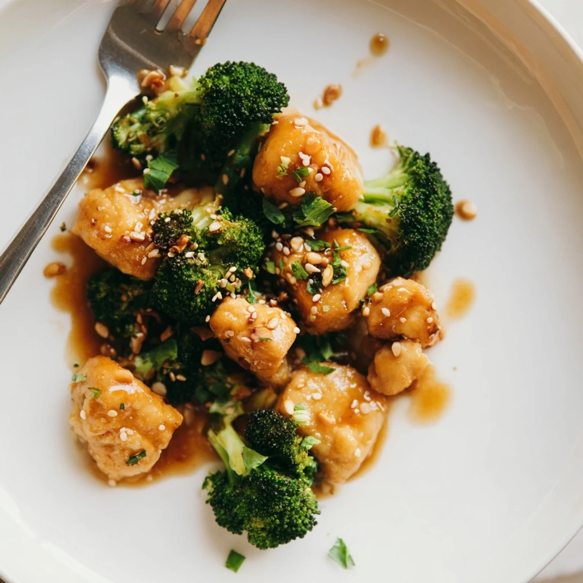 Tender Garlic Butter Chicken & Broccoli served with a sprinkle of fresh parsley.  