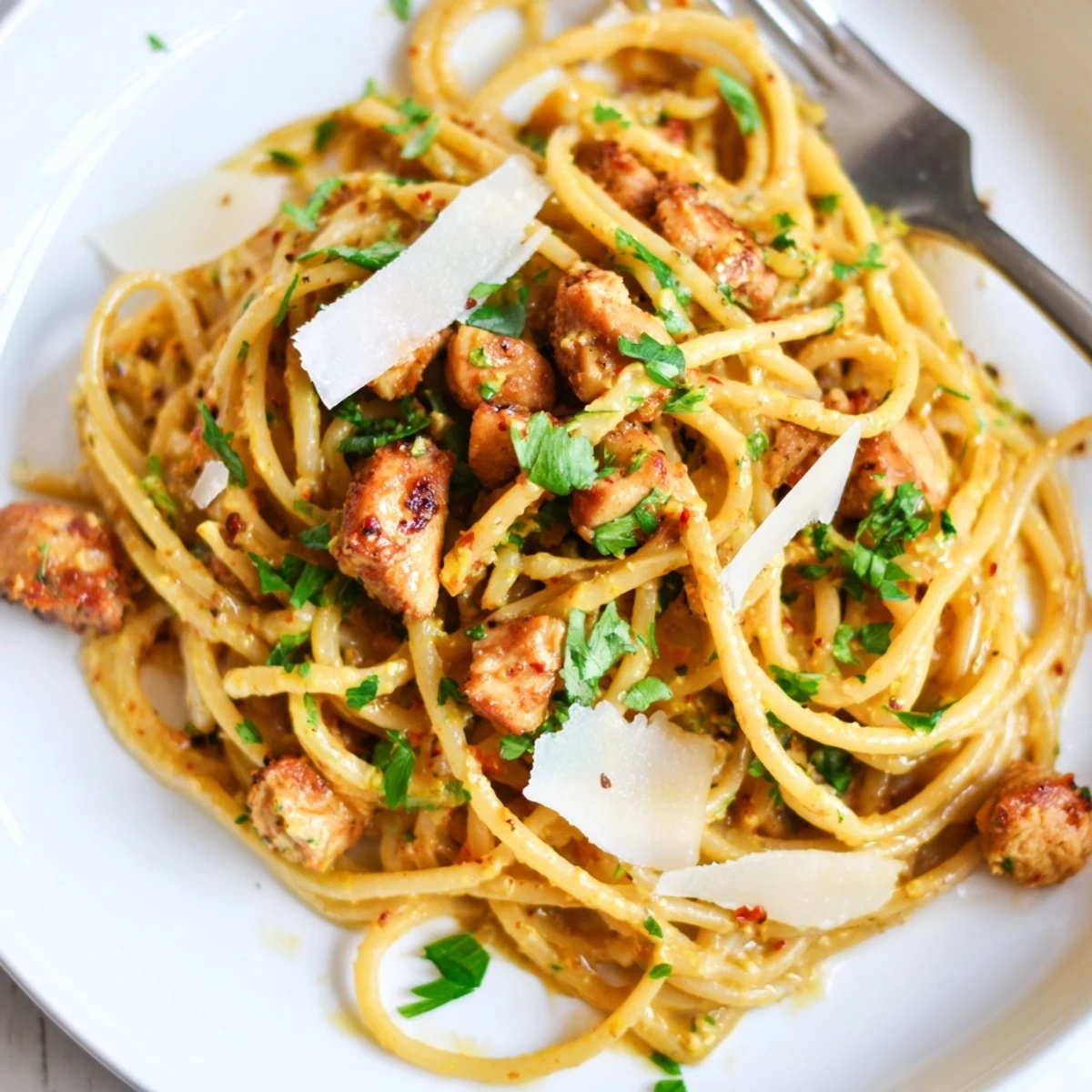 Rich Cowboy Butter Chicken Linguine topped with parsley and Parmesan for flavor.