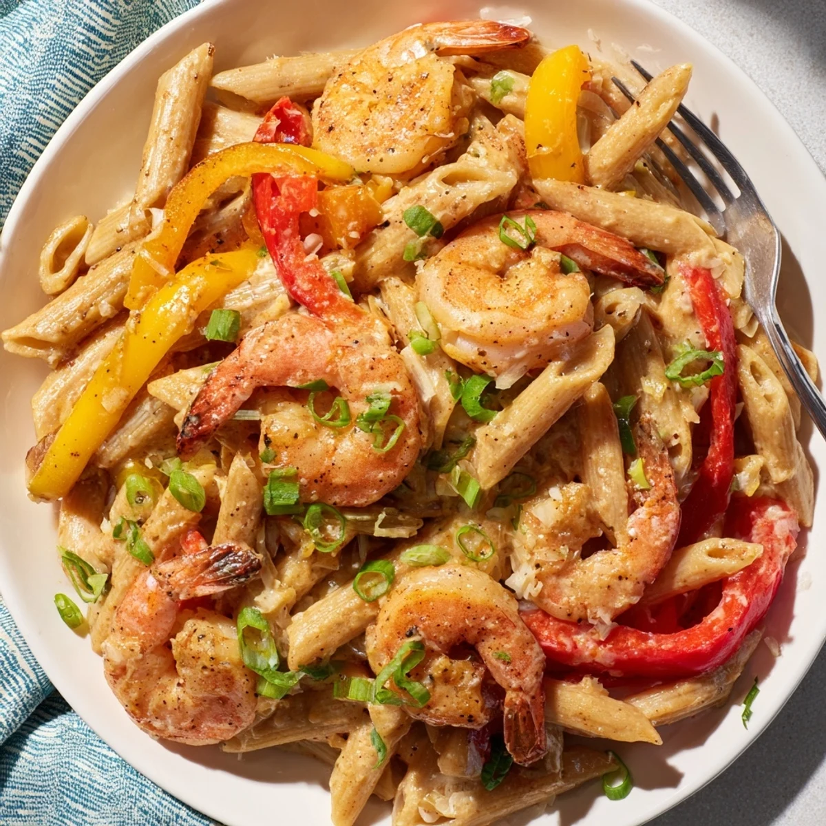 Creamy Jamaican Shrimp Rasta Pasta twirls with jerk-seasoned shrimp and colorful bell peppers.  