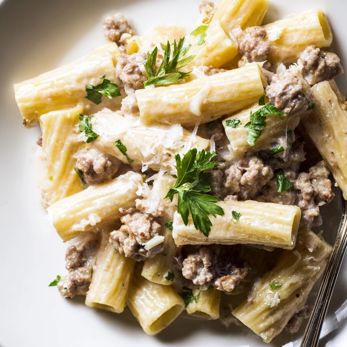 Creamy Cheesy Ground Turkey Pasta topped with parsley makes a comforting dinner dish.  