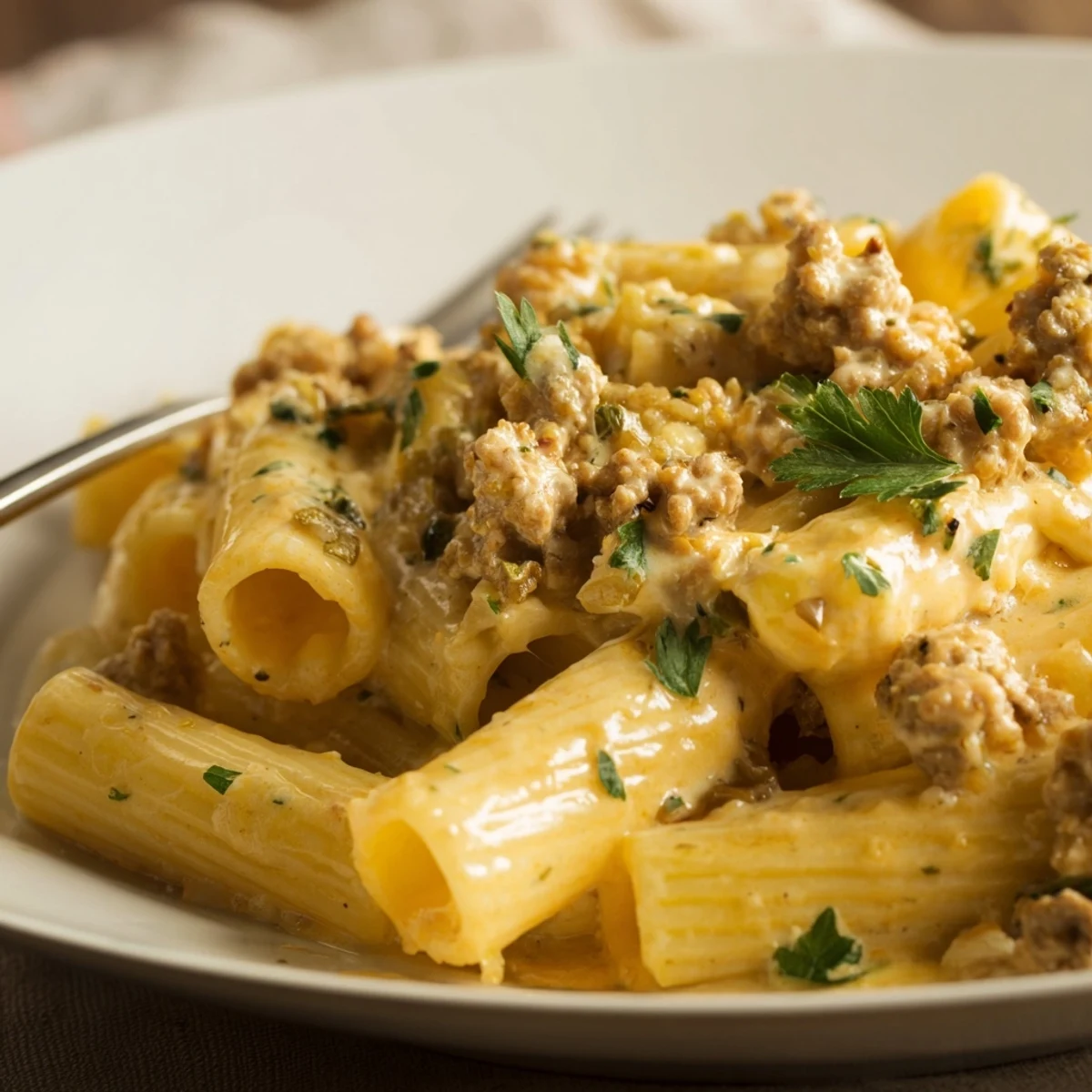 A rich cheesy ground turkey pasta served with a sprinkle of fresh basil.  