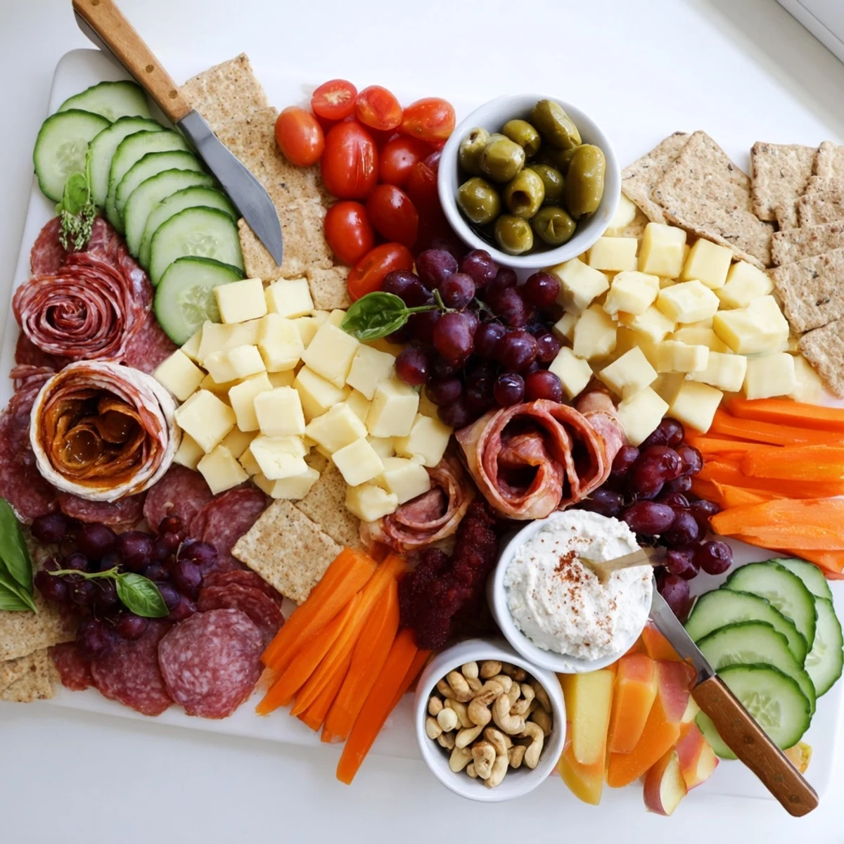 A vibrant Girl Dinner Platter filled with colorful cheeses, fruits, and dips awaits.