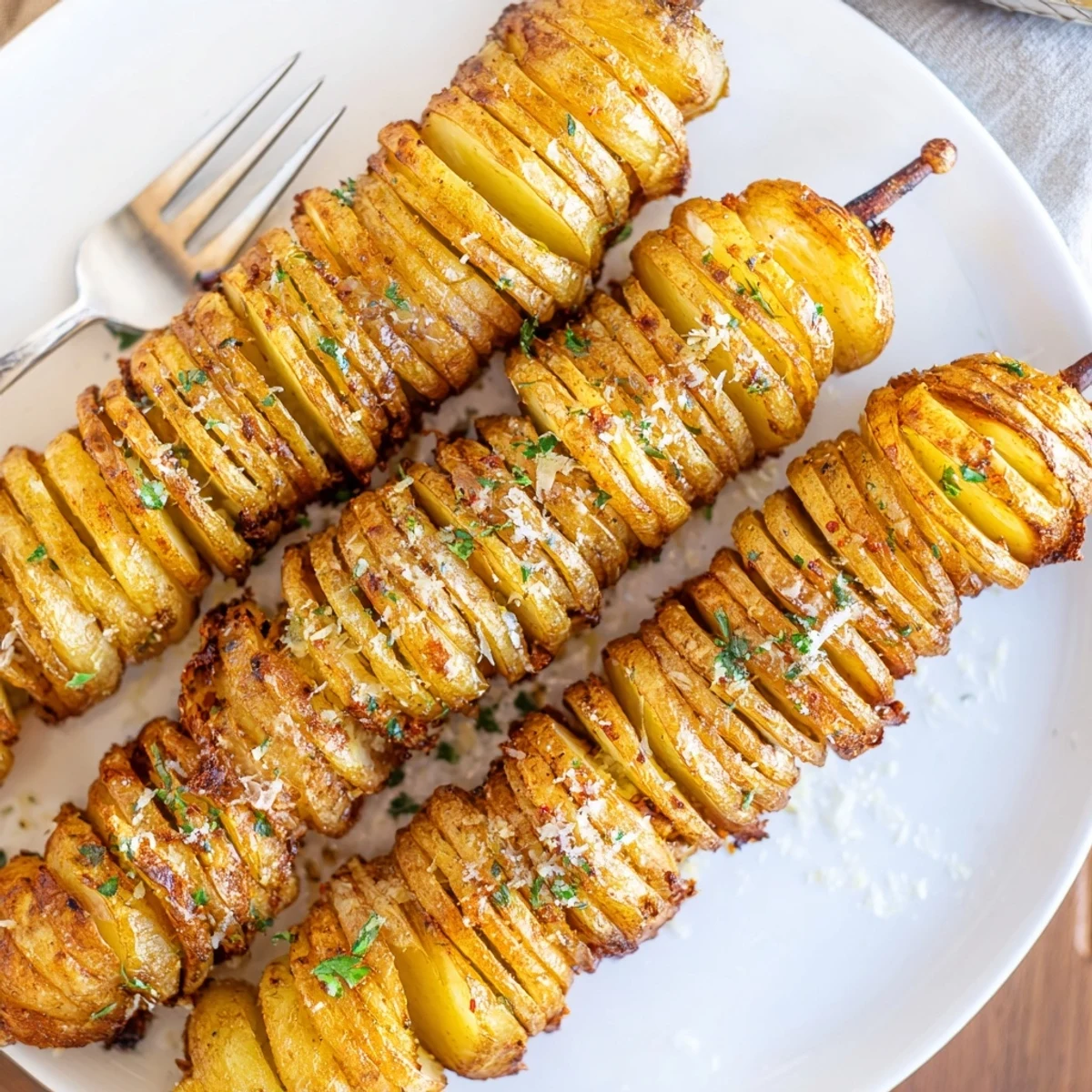 Crispy air-fryer tornado potatoes seasoned with garlic and paprika on skewers.  