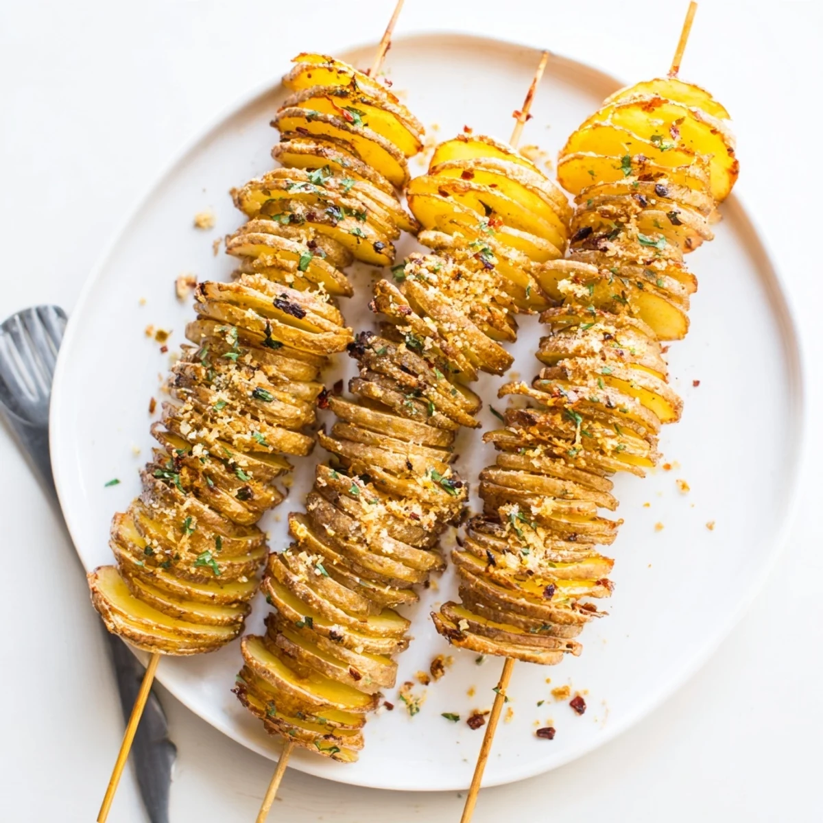 Golden spiral potatoes, lightly seasoned, awaiting your favorite dip and vibrant garnishes.  