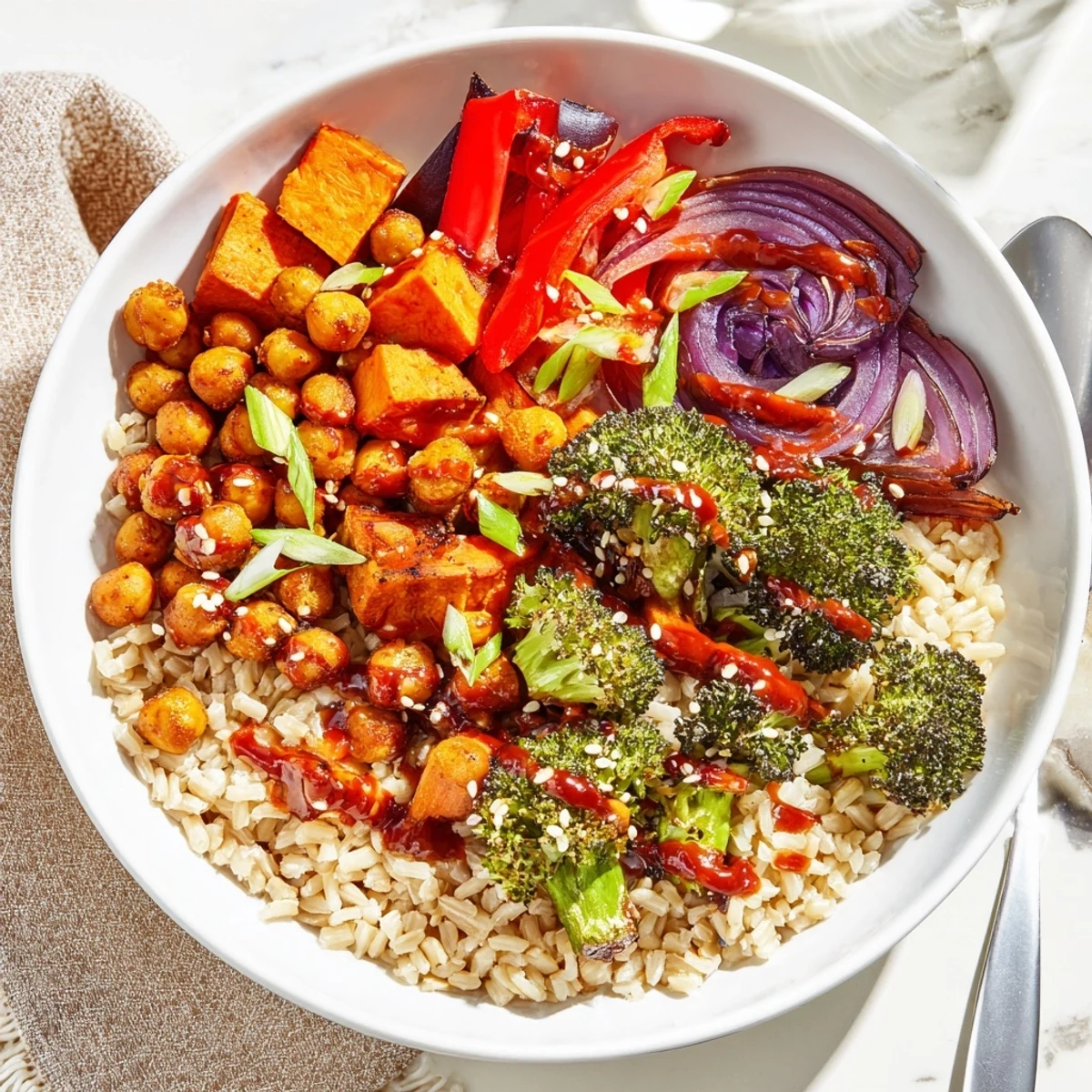 Colorful grain bowls with creamy miso-butter and spicy gochujang sauces for flavor.  