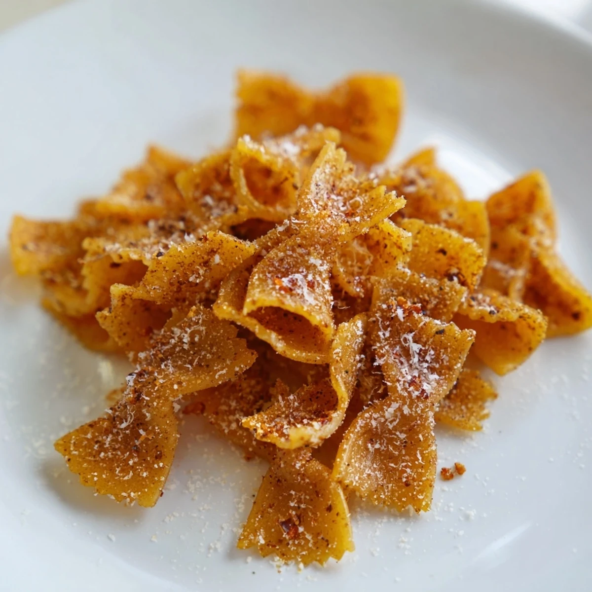 Crispy pasta chips seasoned variety, perfect for dipping and enjoying salty snacks.