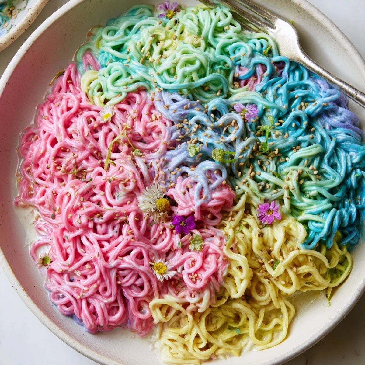 Vibrant Neon Noodle Cloud dish in creamy sauce, perfect for fun family meals.  