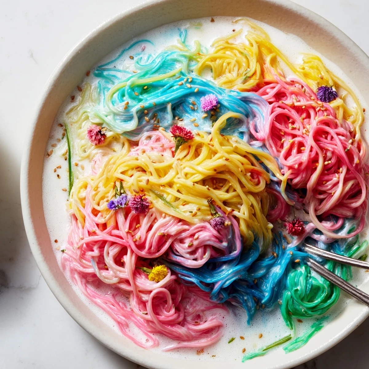 Colorful Neon Noodle Cloud served with edible flowers, a whimsical party favorite.  