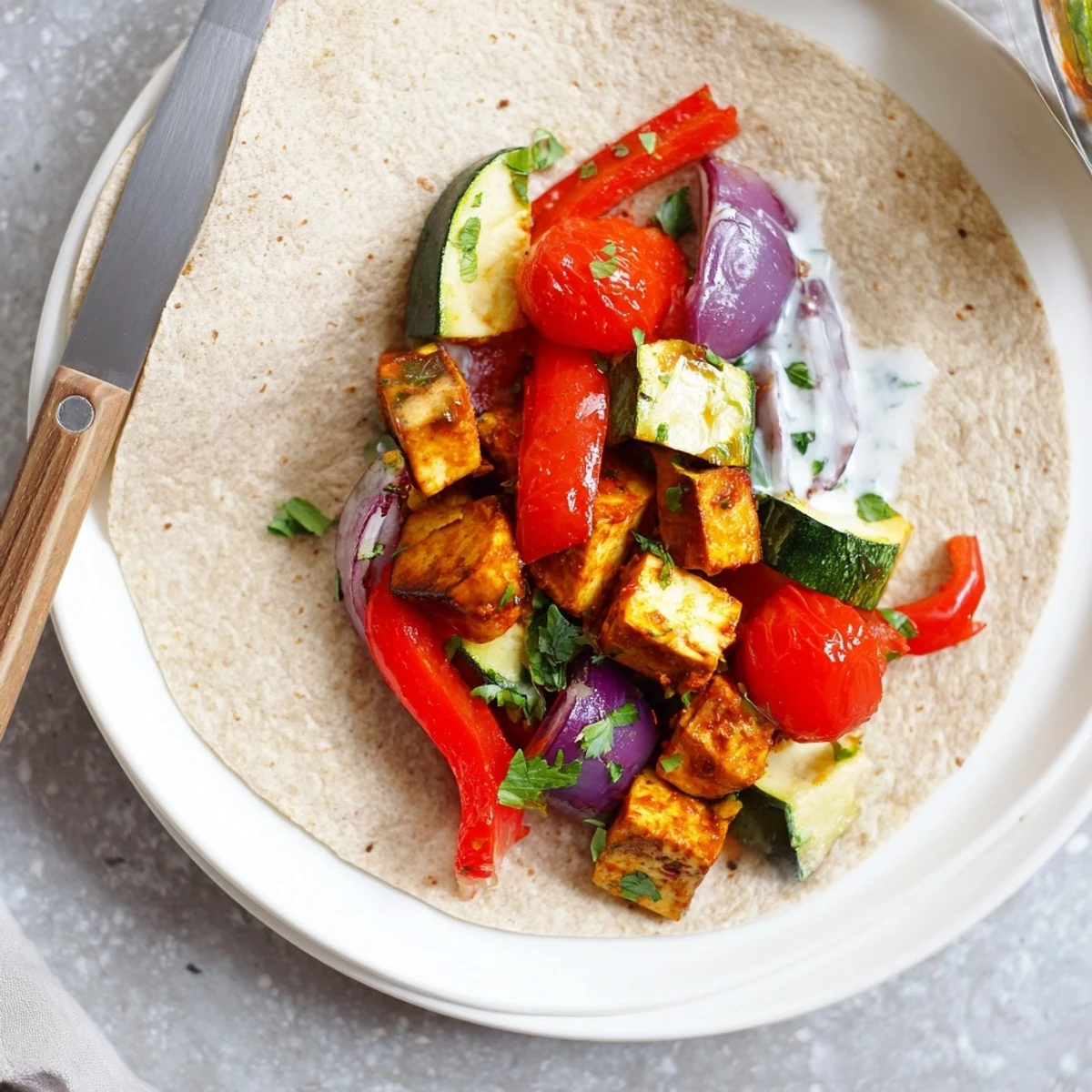 Savory vegan viral recipe re-make served with creamy tahini-yogurt sauce drizzle.  