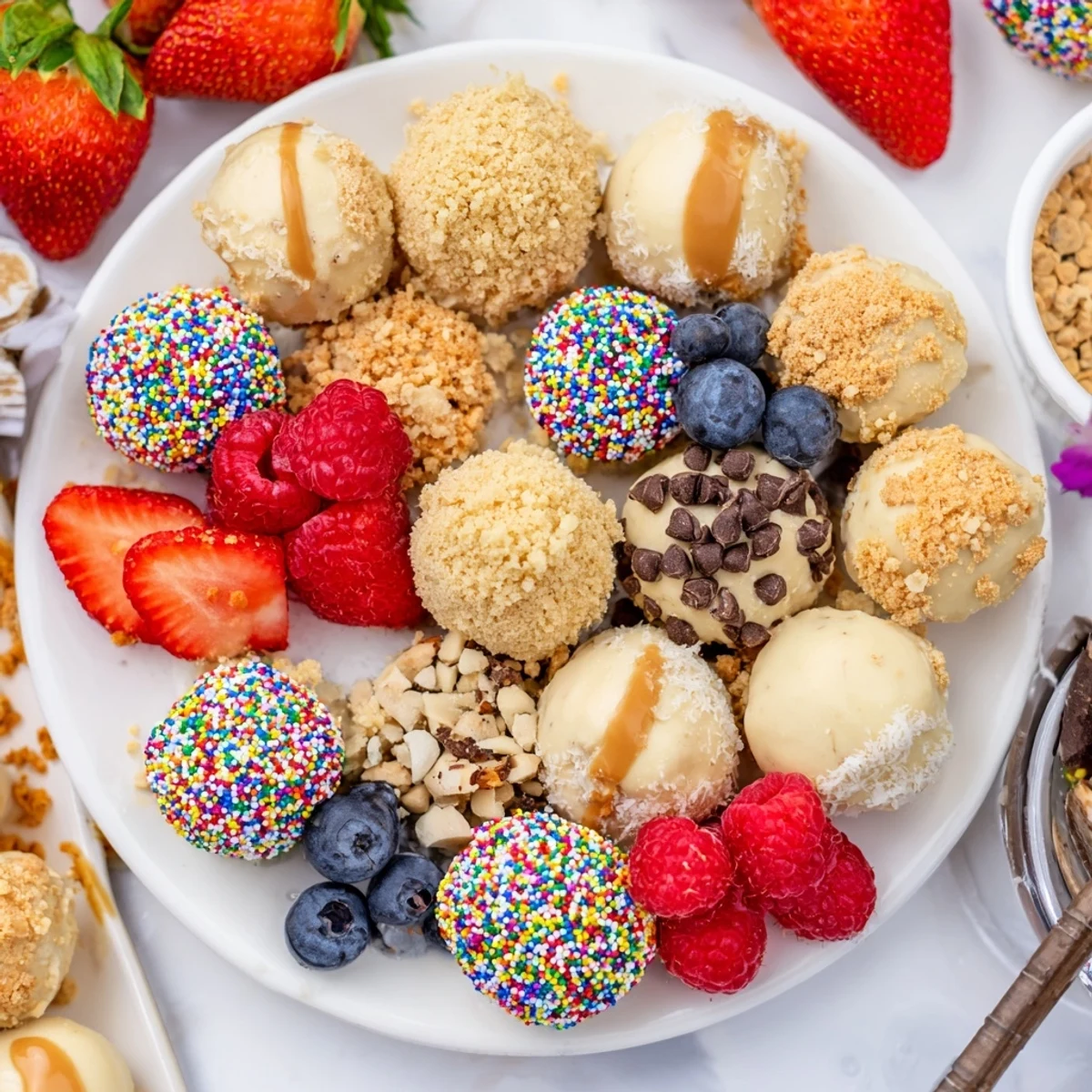 Indulge in cheesecake bites surrounded by vibrant berries and decadent sauces on a platter.  