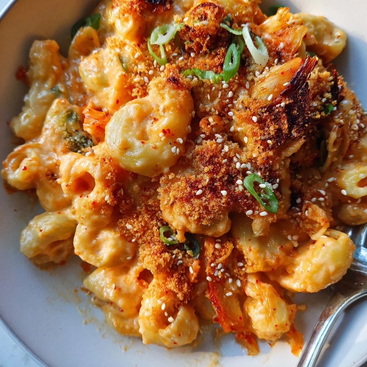 Creamy Spicy Kimchi Mac & Cheese topped with crunchy sesame breadcrumbs, delicious comfort food.  