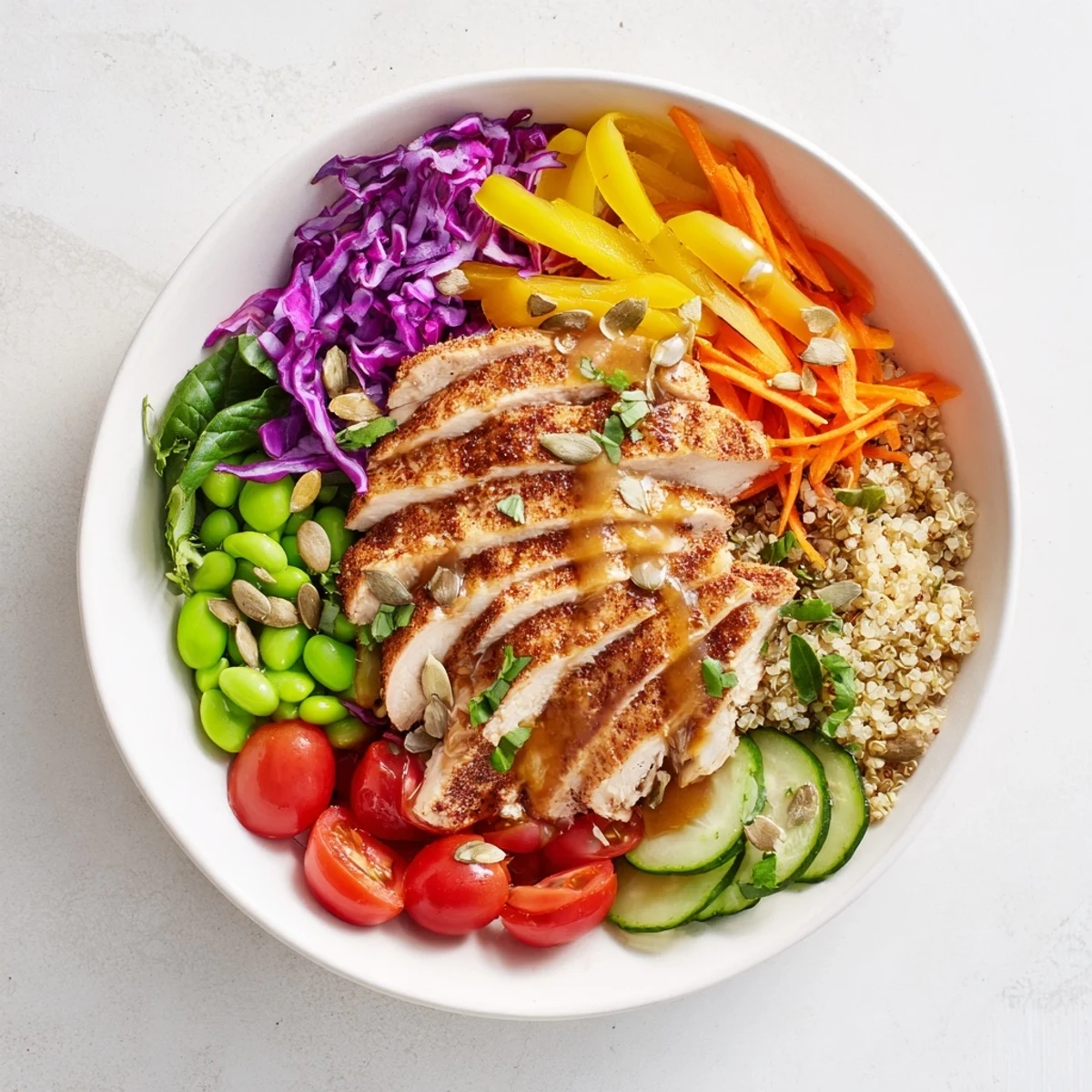 Colorful healthy meal-prep bowls topped with a bright dressing and pumpkin seeds.