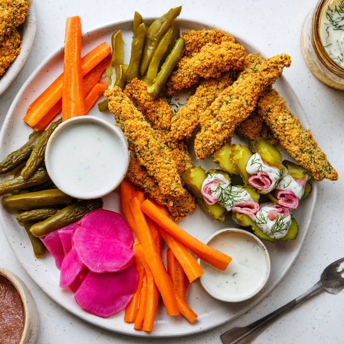 Crispy fried pickles served with assorted pickled vegetables for pickle lovers.  