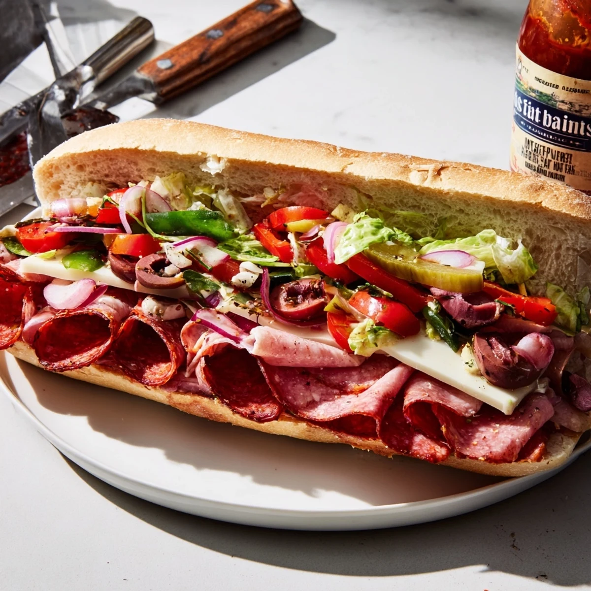 Flavor Mash-Up Sandwiches stacked high with meats, fresh veggies, and vibrant colors.  