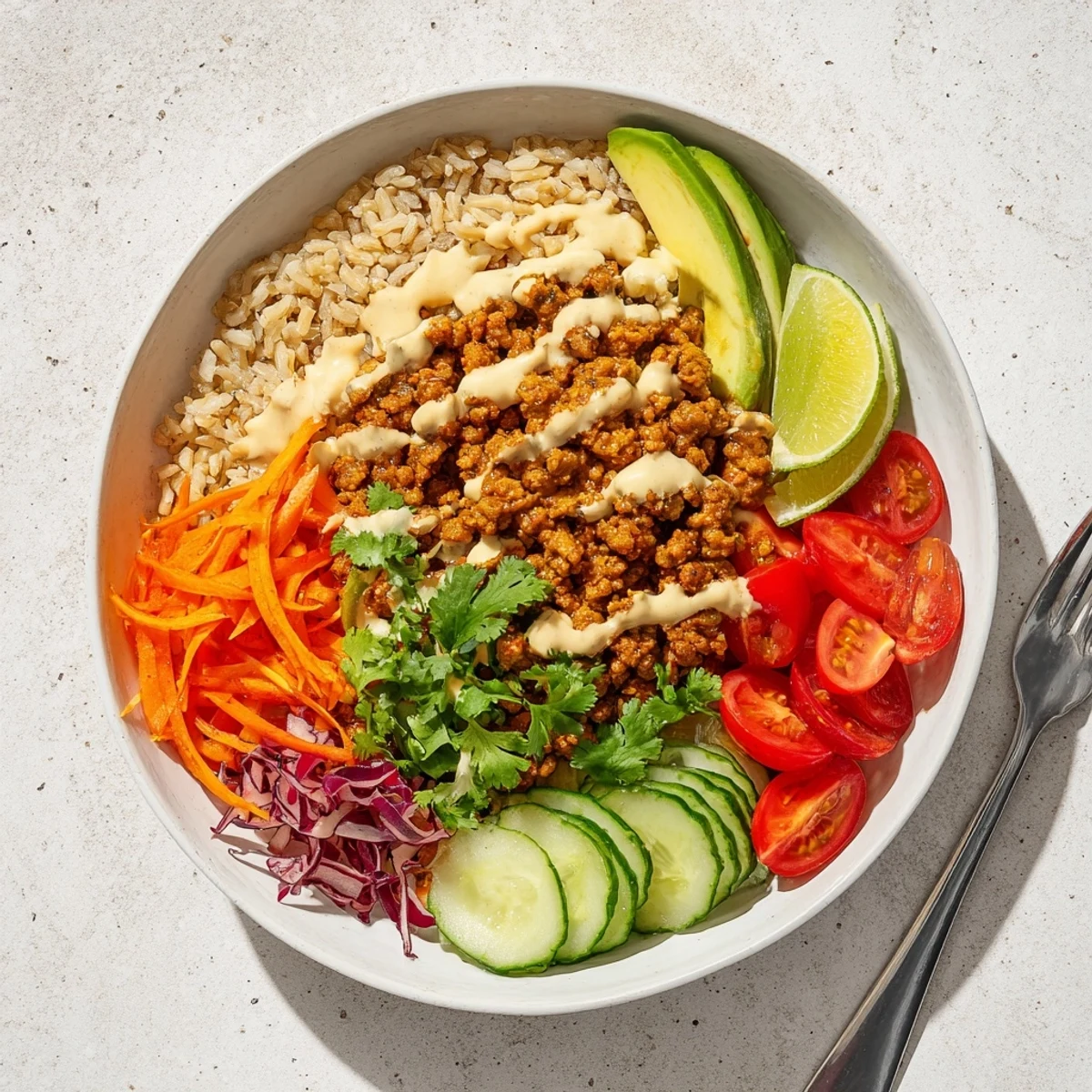 Hearty plant-based meat bowl featuring quinoa, vibrant vegetables, and bold seasonings.