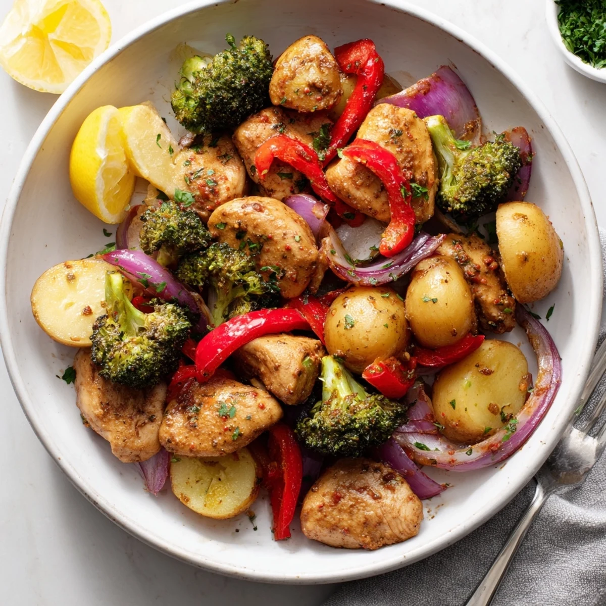 Succulent Lazy Gourmet Chicken & Vegetable One-Pot served with fresh lemon wedges.