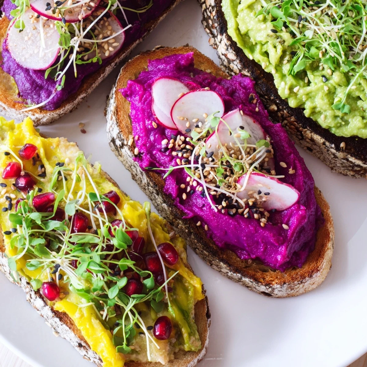 Vibrant Bright & Bold Breakfast Toasts topped with ube, avocado, and fresh garnishes.