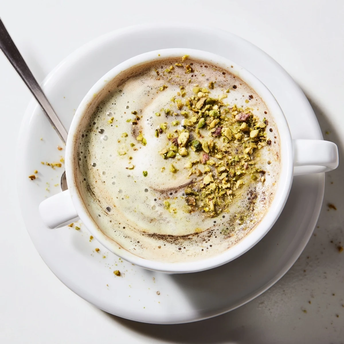 Nutty pistachio milk latte garnished with frothy milk and colorful crushed pistachios.